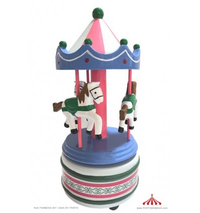 Wooden Carousel light blue with rose-white roof music box